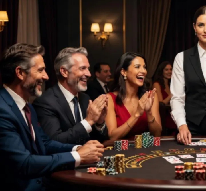 Skupina hostů hraje blackjack u elegantního stolu