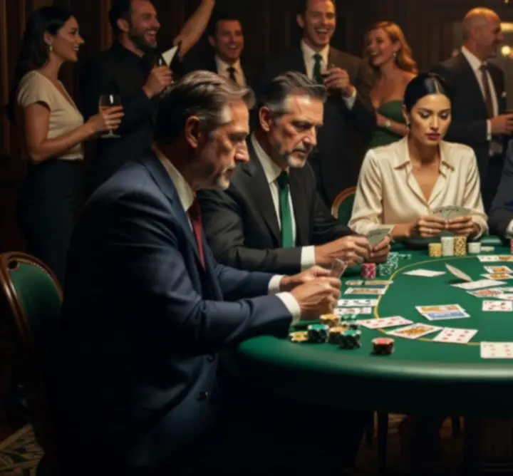 Poker večer s hráči soustředěnými kolem osvětleného stolu